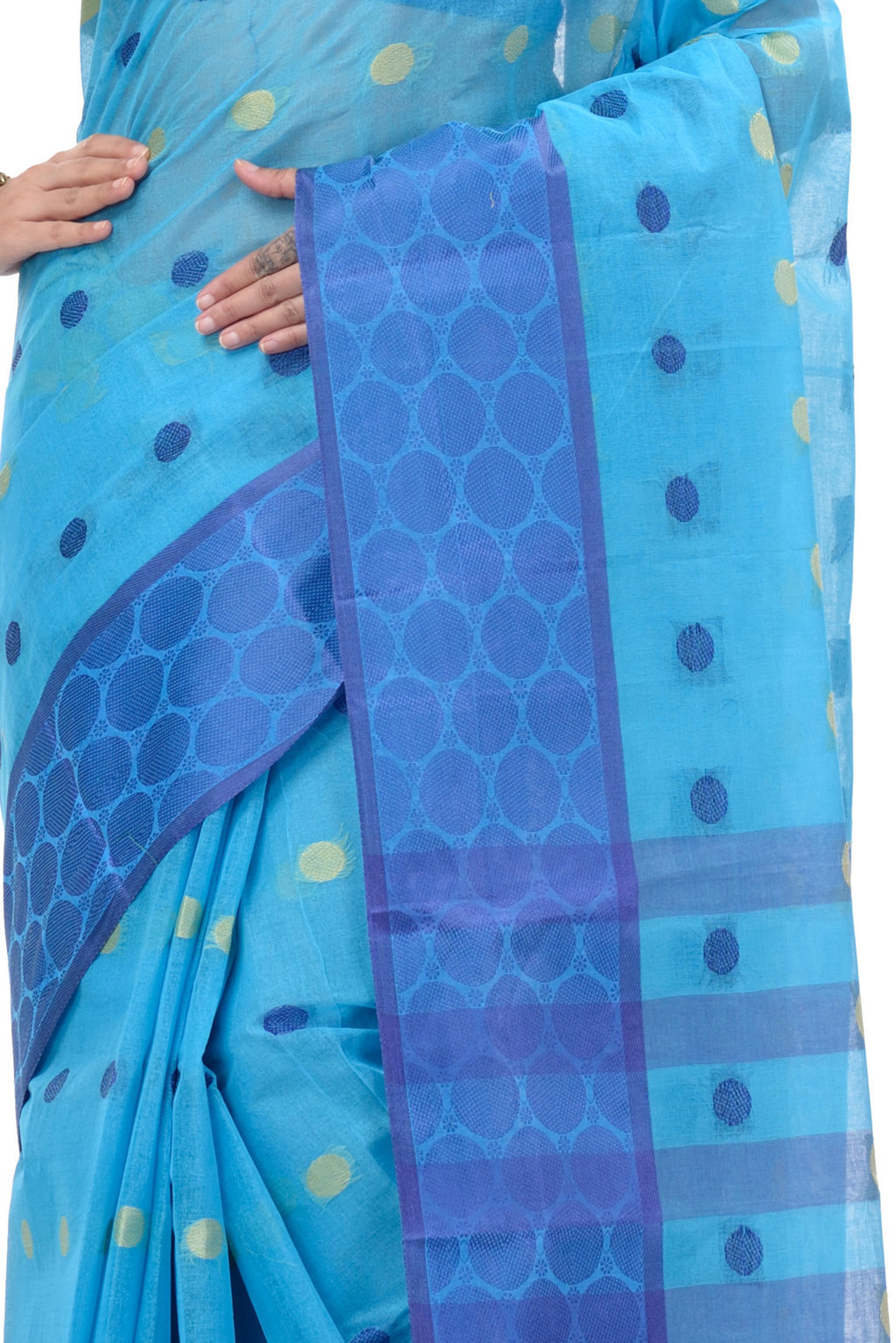Blue Pure Cotton Ganga Jamuna Tant Saree (1861)